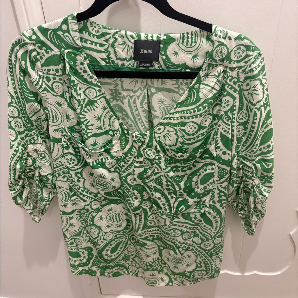 Maeve Green and White Paisley Blouse